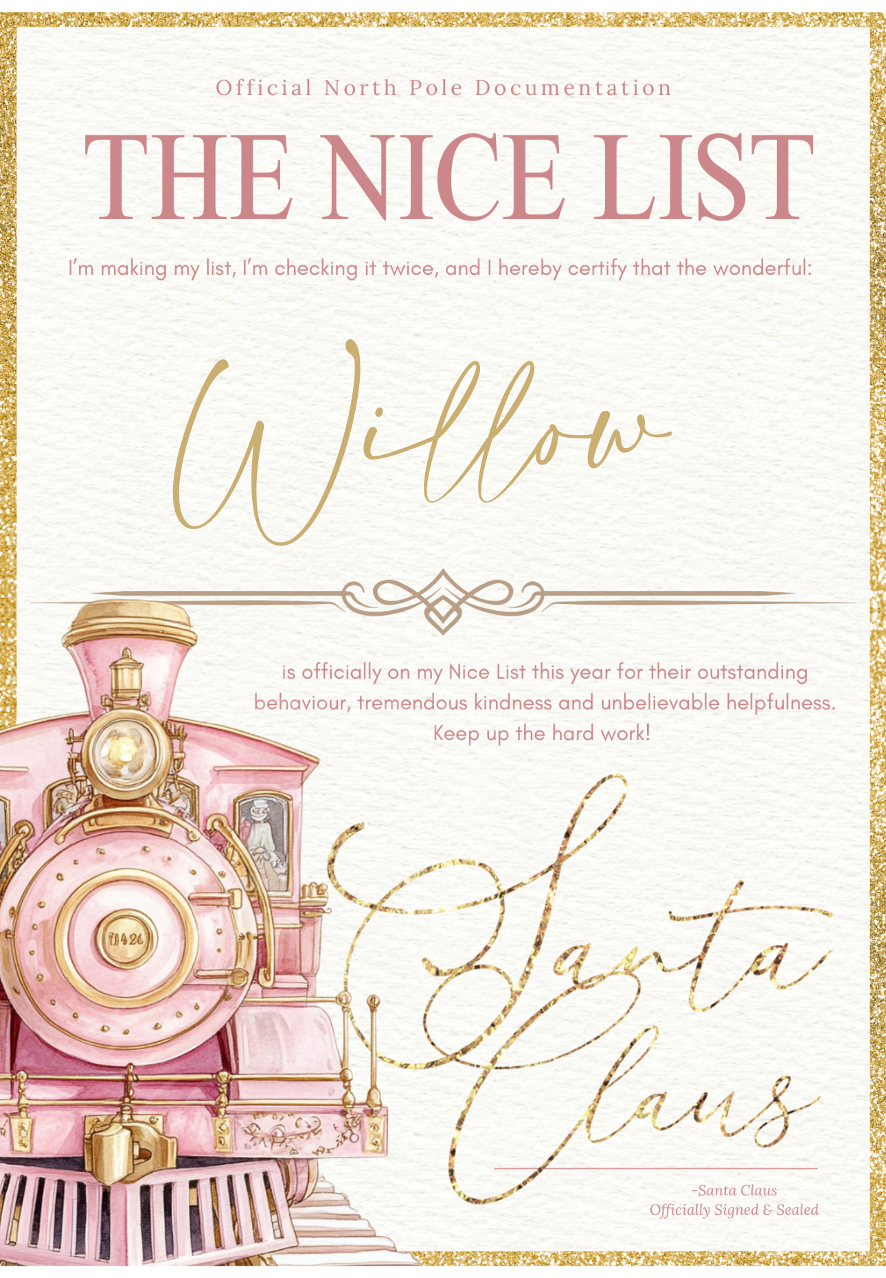 The Nice List Certificate – Personalised Santa Claus Certificate (Blue or Pink)