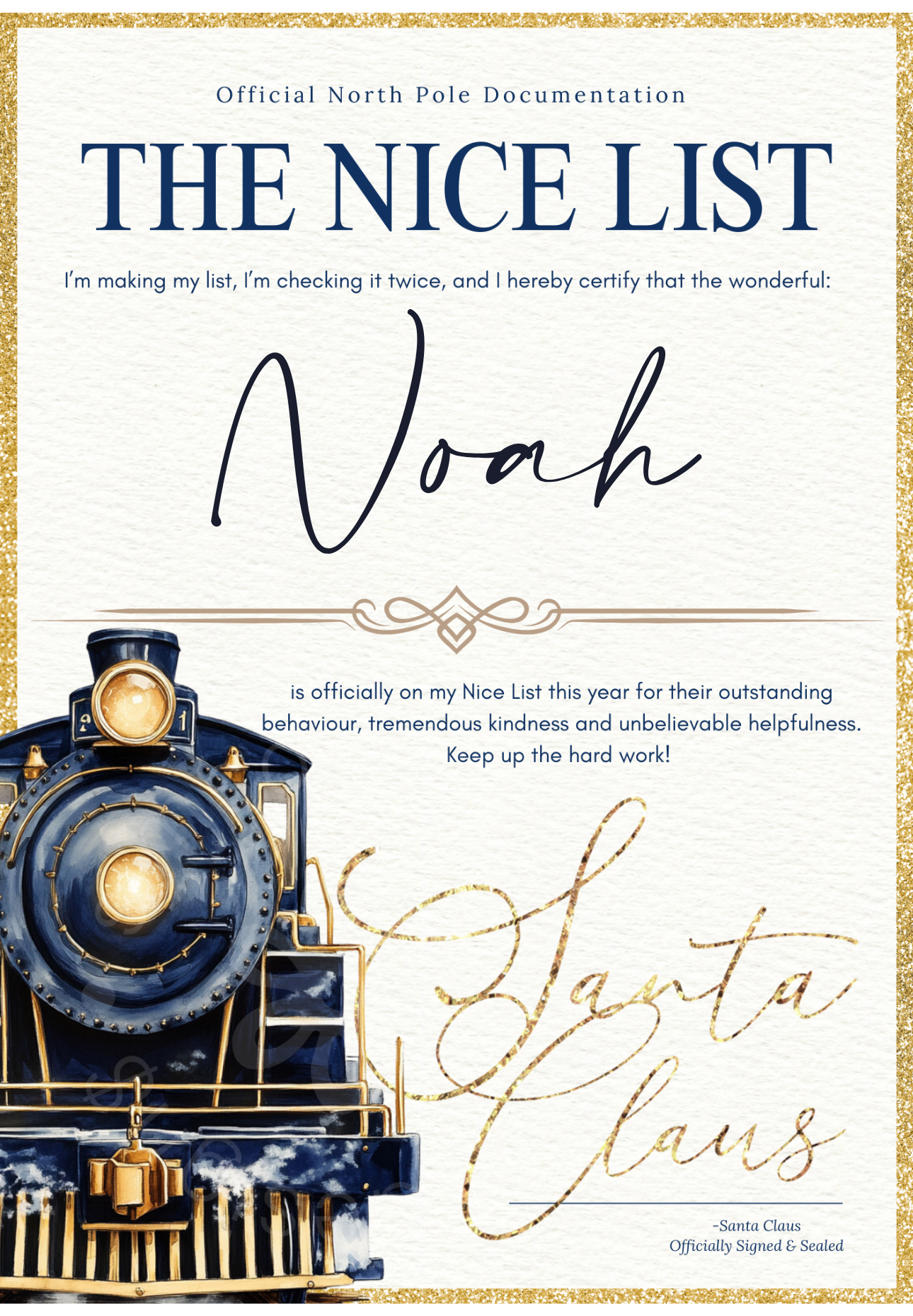 The Nice List Certificate – Personalised Santa Claus Certificate (Blue or Pink)