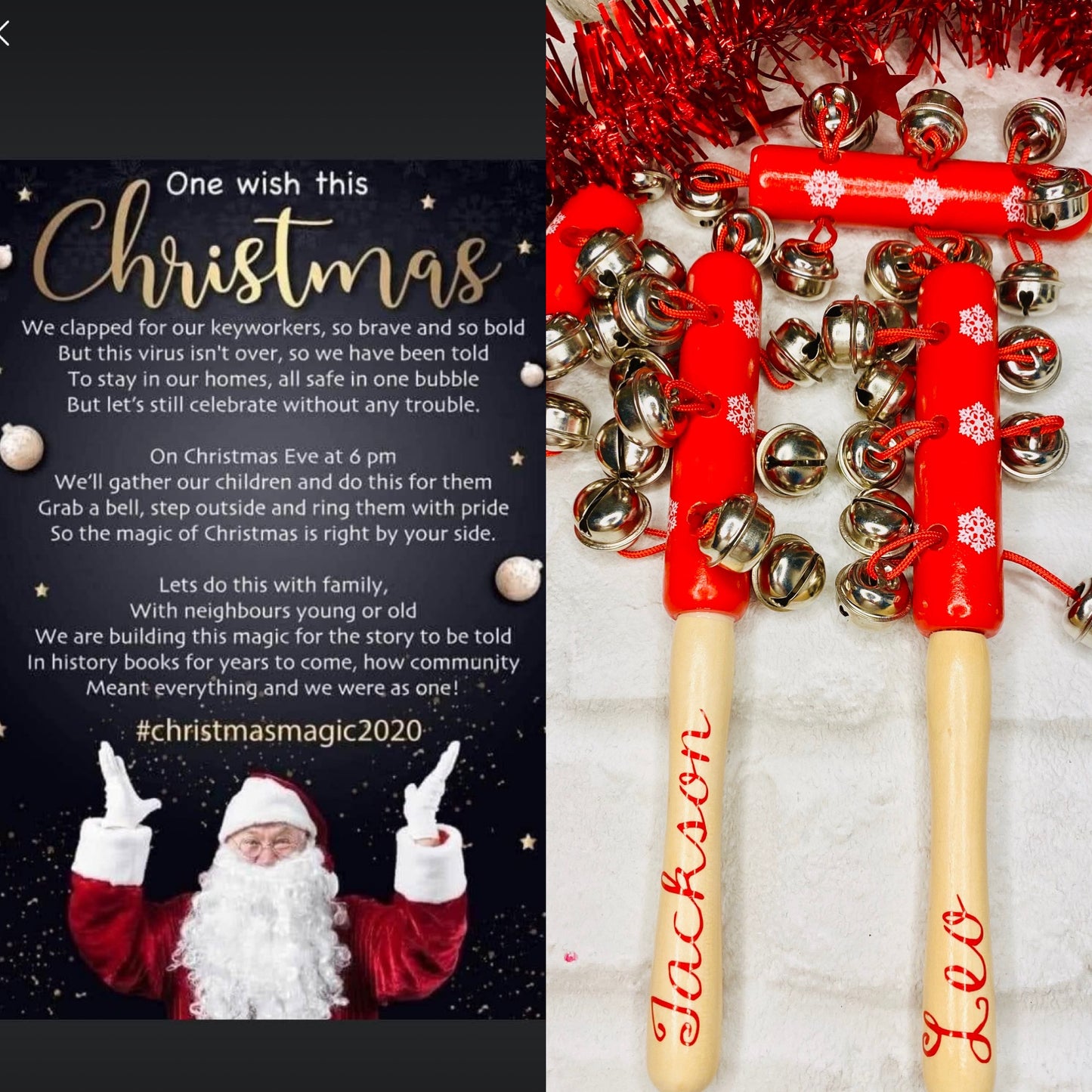 Personalised Christmas eve Jingle bells, wooden hand bells, xmas eve box gift, Santa bells
