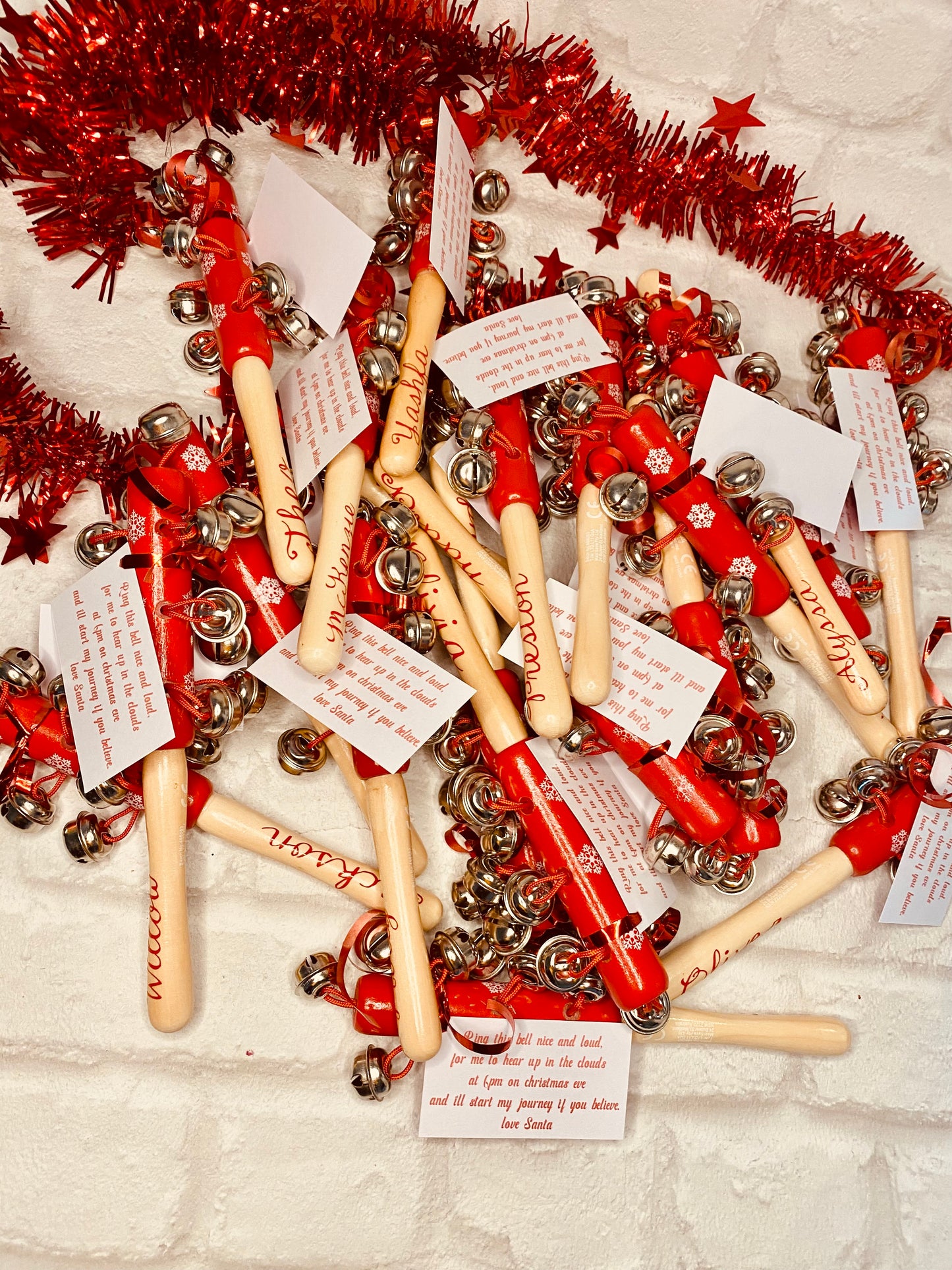 Personalised Christmas eve Jingle bells, wooden hand bells, xmas eve box gift, Santa bells