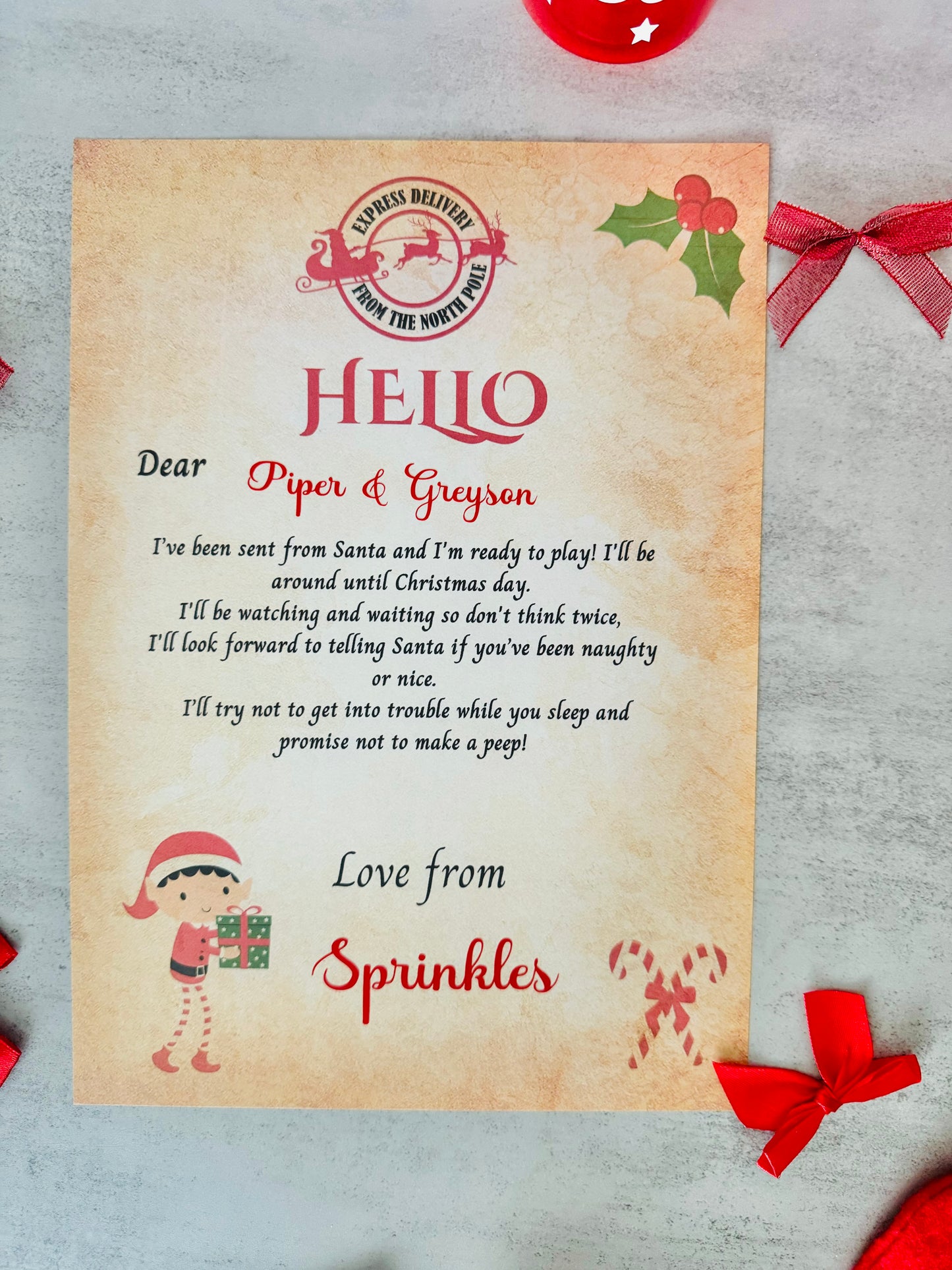 printed personalised naughty elf on shelf letter, im back letter from elf, hello letter from elf, christmas letter, elf arrival lette
