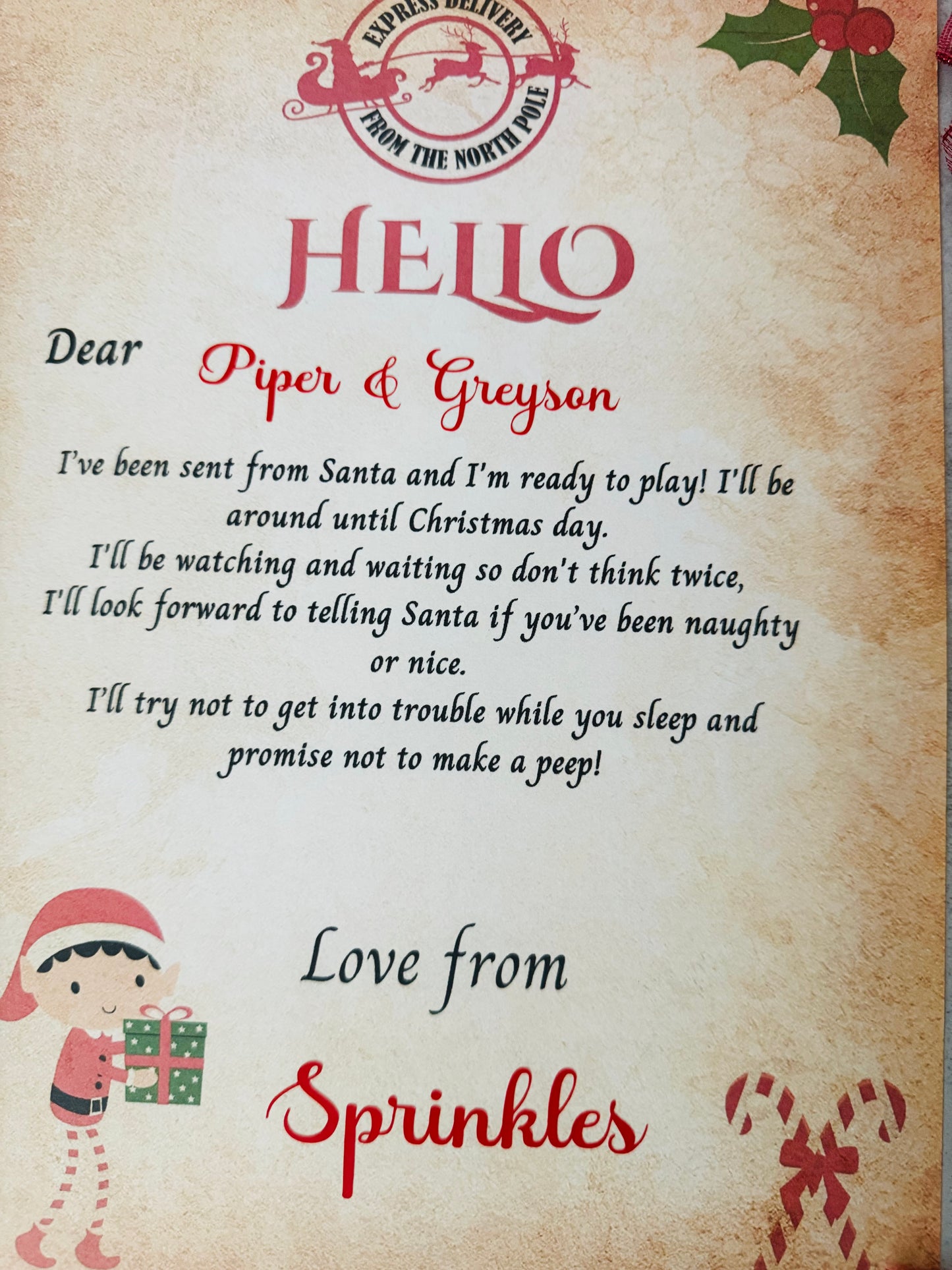 printed personalised naughty elf on shelf letter, im back letter from elf, hello letter from elf, christmas letter, elf arrival lette