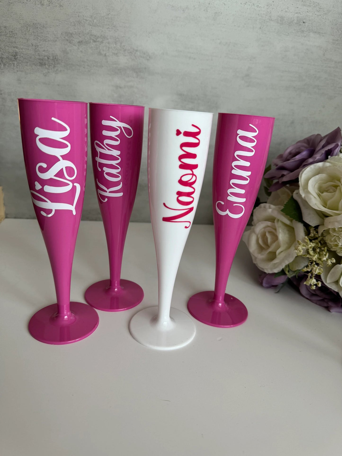 Pink Personalised Bridal party plastic champagne flutes, valentines, weddings, celebrations, hen do, bridesmaid gifts, pink prosecco flute, hen do gift,
