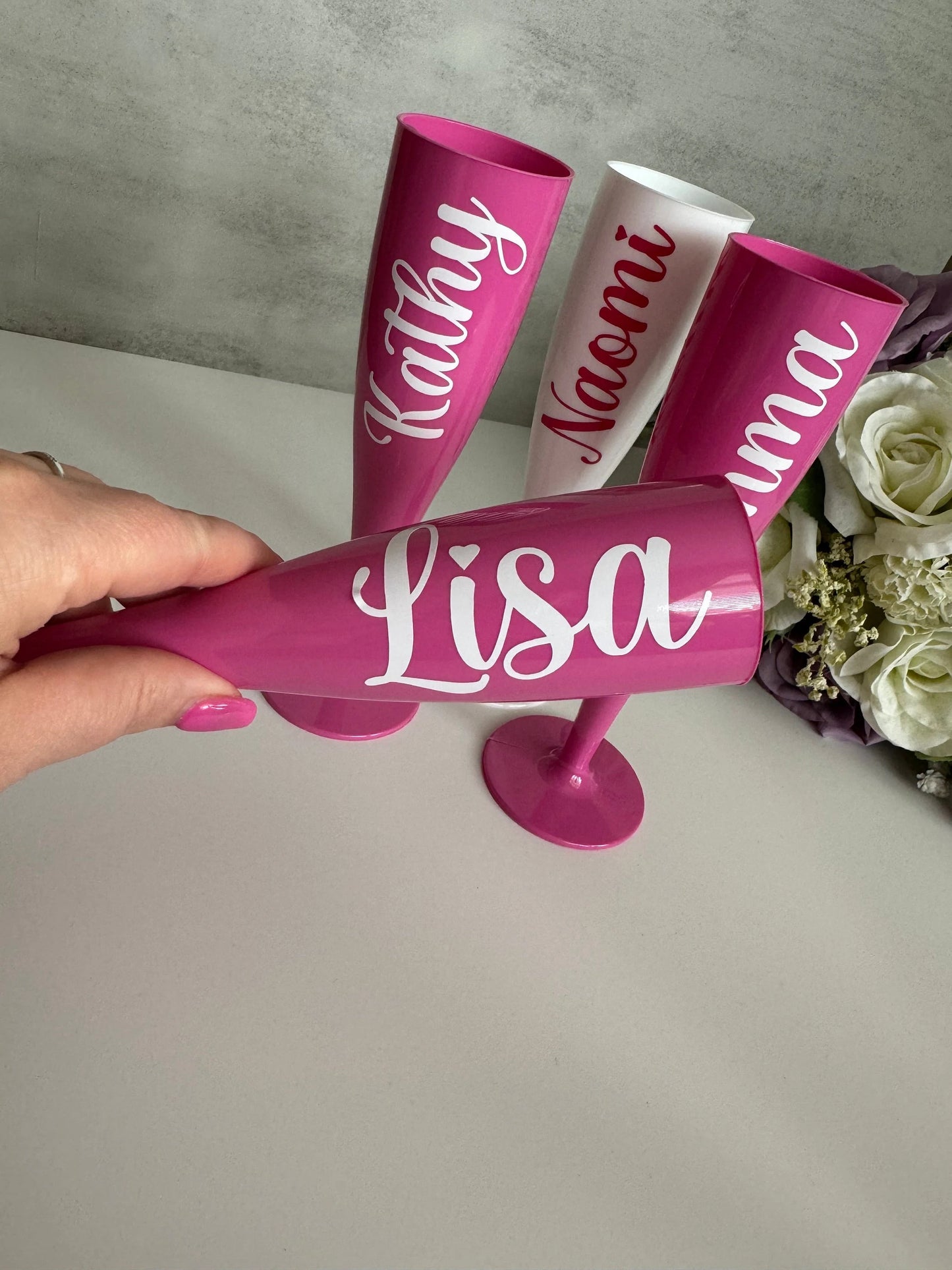 Pink Personalised Bridal party plastic champagne flutes, valentines, weddings, celebrations, hen do, bridesmaid gifts, pink prosecco flute, hen do gift,