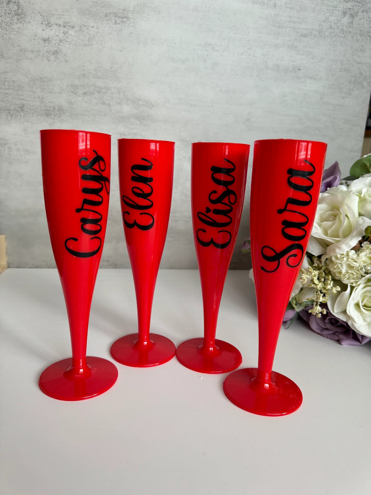 Valentines Red Personalised Bridal party plastic champagne flutes, weddings, celebrations, hen do, bridesmaid gifts, RED prosecco flute, hen do gift,