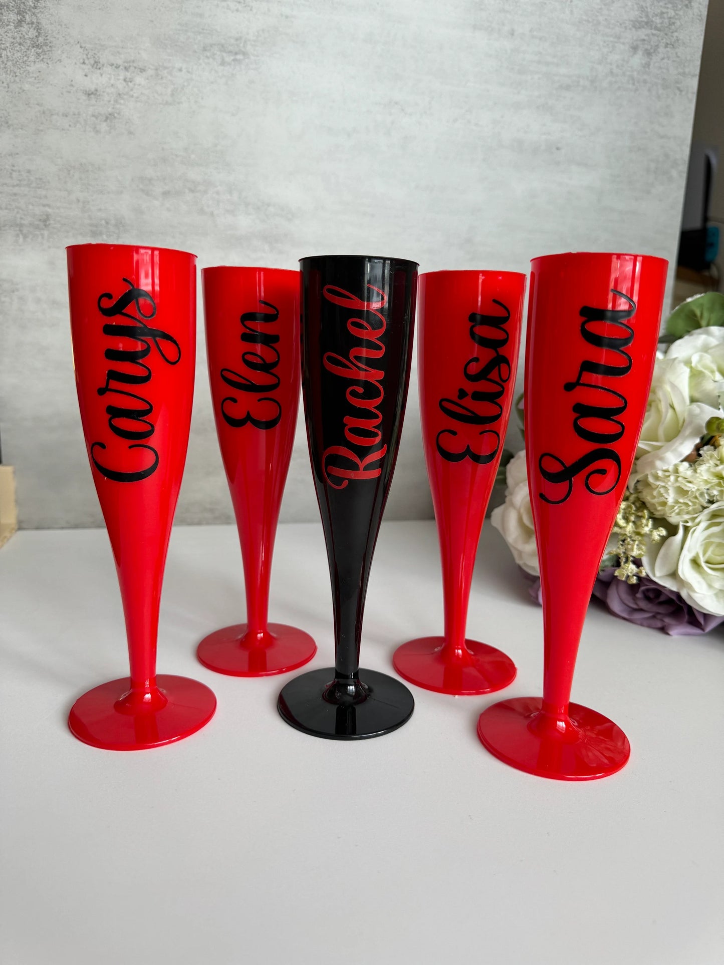 Valentines Red Personalised Bridal party plastic champagne flutes, weddings, celebrations, hen do, bridesmaid gifts, RED prosecco flute, hen do gift,
