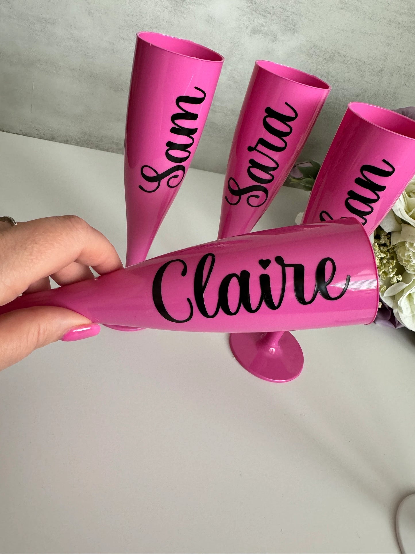 Pink Personalised Bridal party plastic champagne flutes, valentines, weddings, celebrations, hen do, bridesmaid gifts, pink prosecco flute, hen do gift,