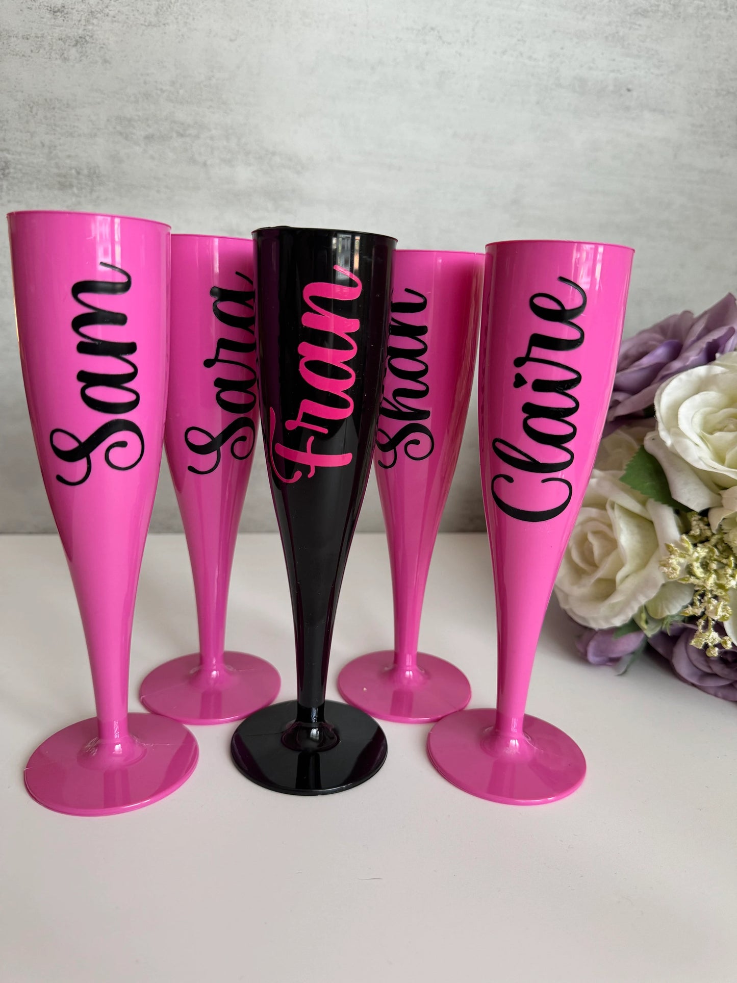 Pink Personalised Bridal party plastic champagne flutes, valentines, weddings, celebrations, hen do, bridesmaid gifts, pink prosecco flute, hen do gift,
