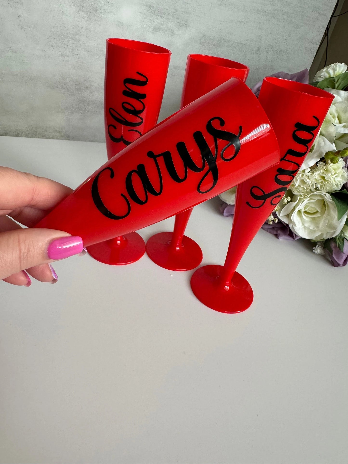 Valentines Red Personalised Bridal party plastic champagne flutes, weddings, celebrations, hen do, bridesmaid gifts, RED prosecco flute, hen do gift,