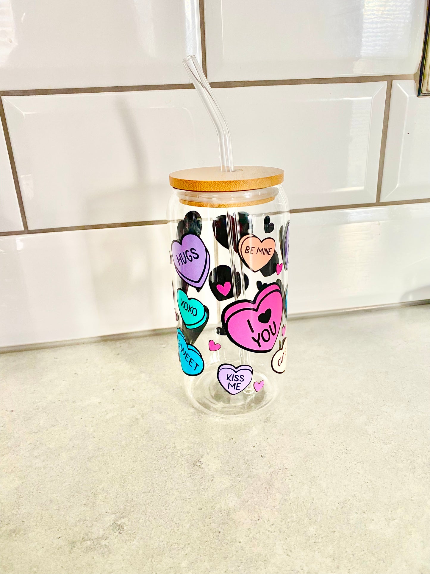 Valentines Love heart sweet glass jar, with bamboo lid and glass straw ideal for loved one or bff.