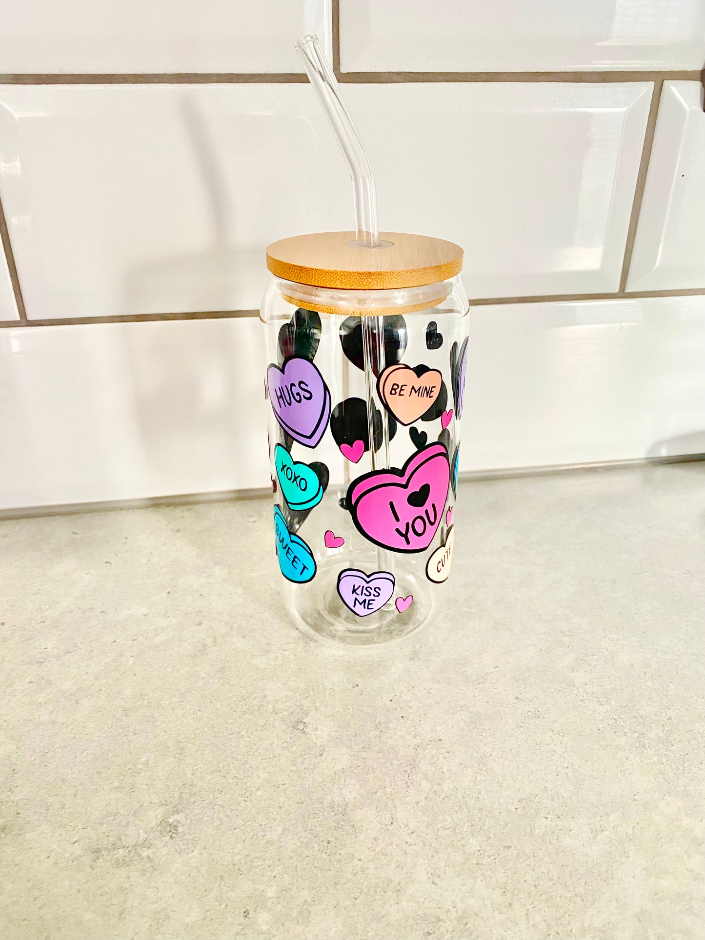 Valentines Love heart sweet glass jar, with bamboo lid and glass straw ideal for loved one or bff.
