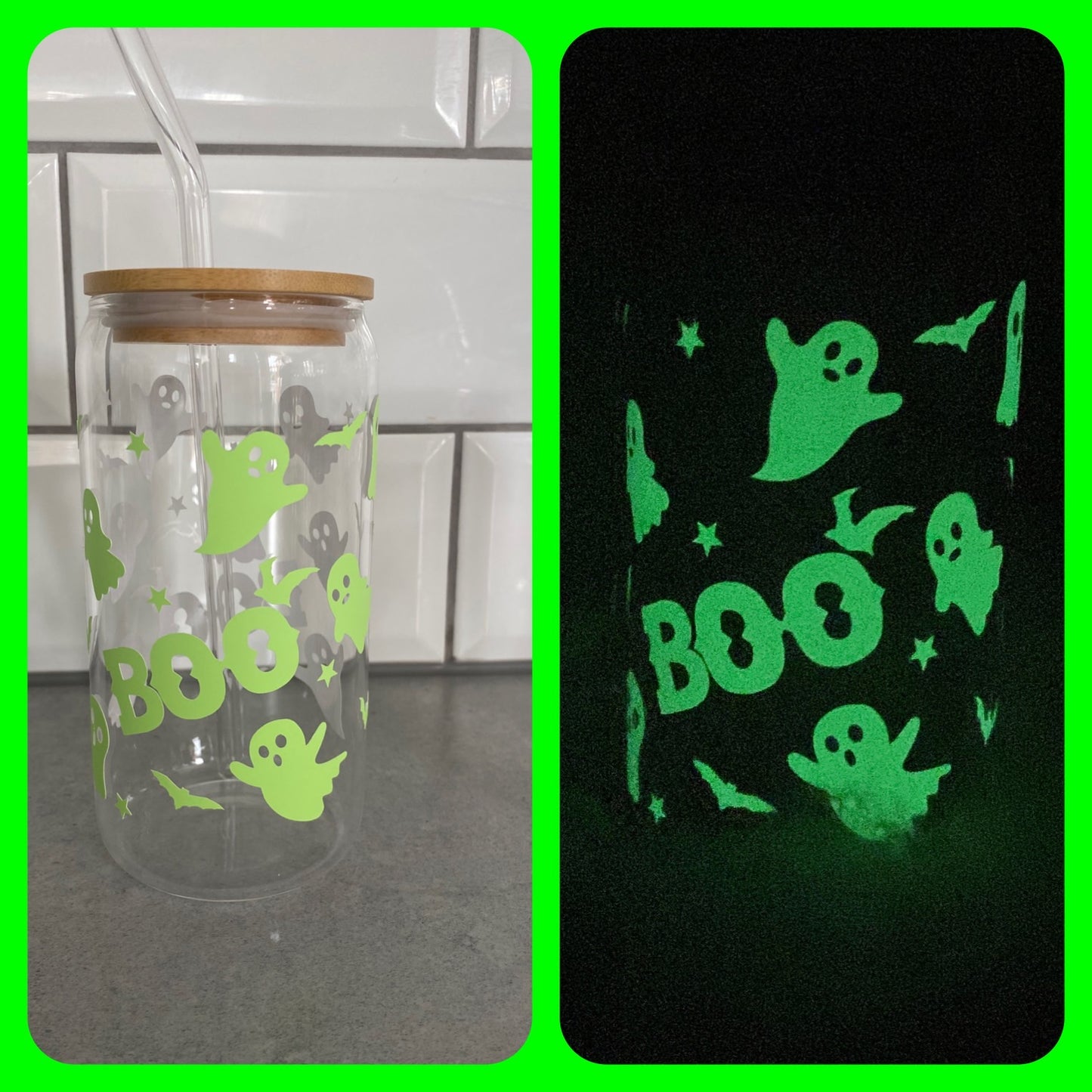 Halloween Glow in the dark glass can with straw and lid, novelty halloween glass with bamboo lid and glass straw, ghost glass