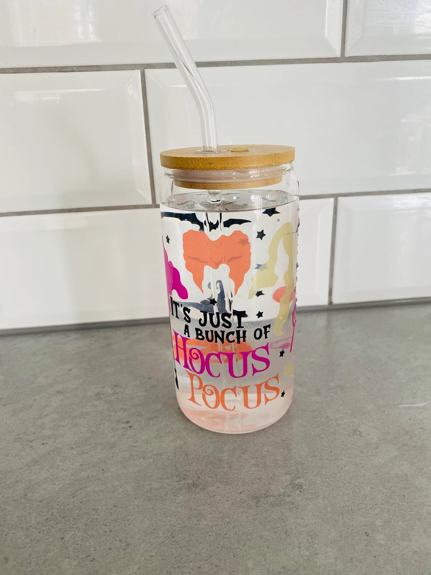 colour changing halloween glass can with straw and lid, just a bunch of hocus pocus, novelty glass with bamboo lid and glass straw, hocus pocus