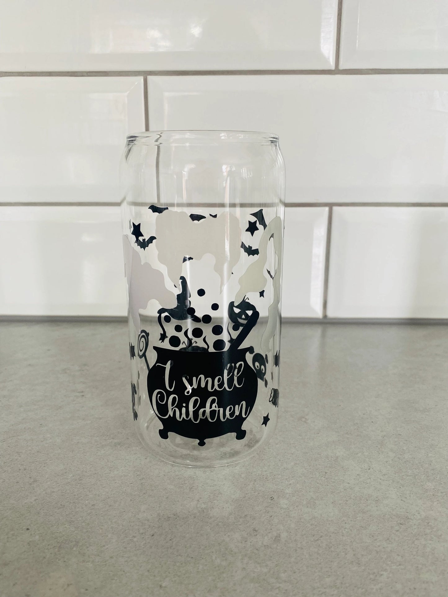 colour changing halloween glass can with straw and lid, i smell children glass, novelty glass with bamboo lid and glass straw, hocus pocus