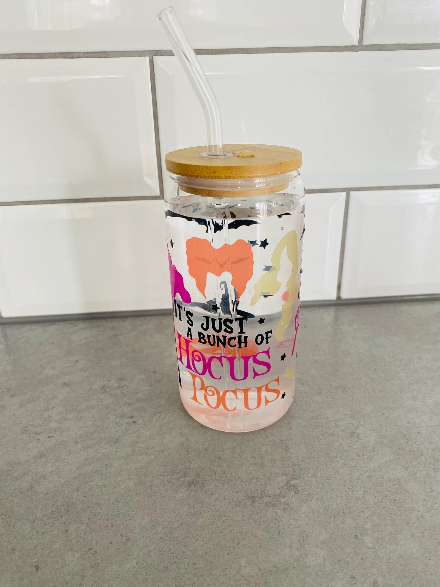 colour changing halloween glass can with straw and lid, just a bunch of hocus pocus, novelty glass with bamboo lid and glass straw, hocus pocus