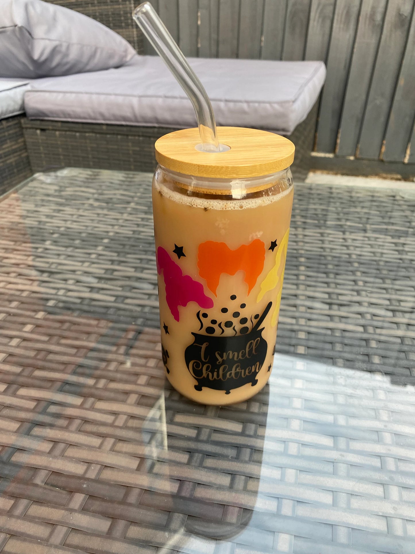 colour changing halloween glass can with straw and lid, i smell children glass, novelty glass with bamboo lid and glass straw, hocus pocus