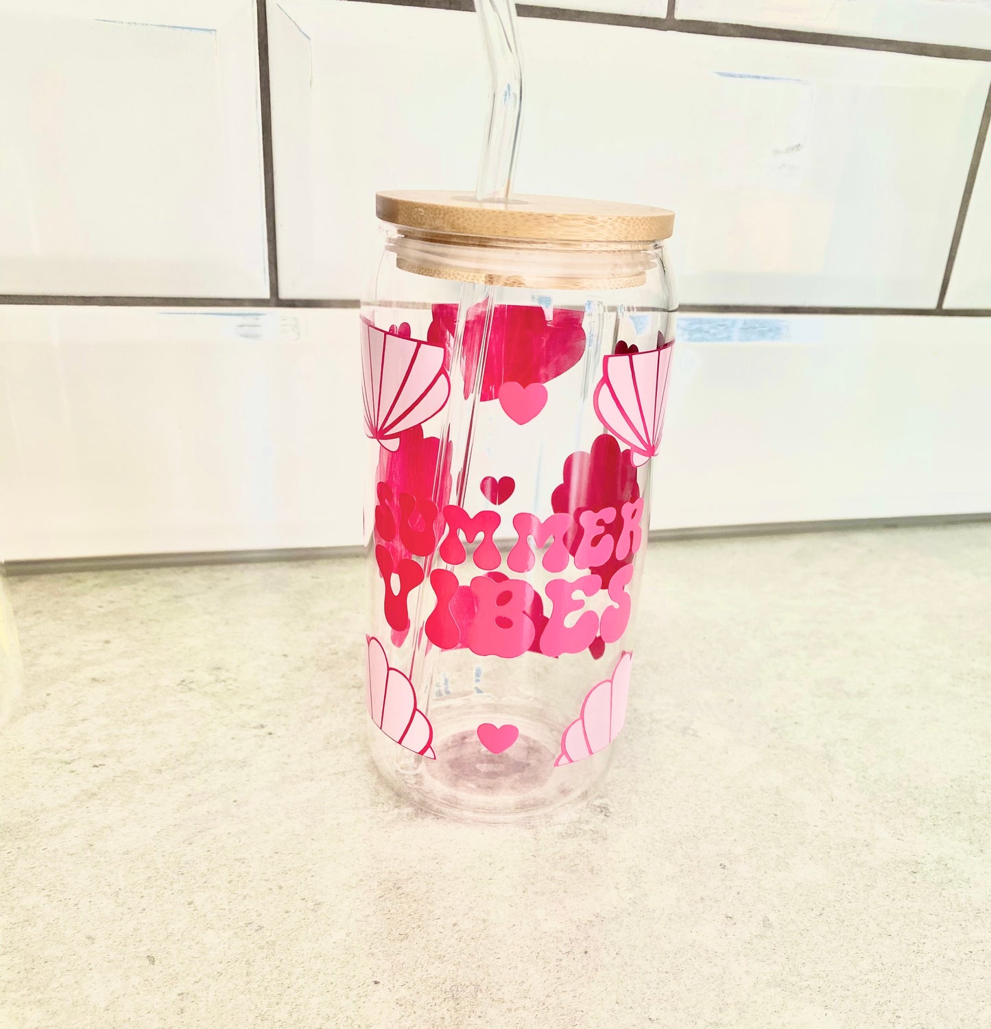 summer vibes glass can with bamboo lid and glass straw, glass jar for summer drinks