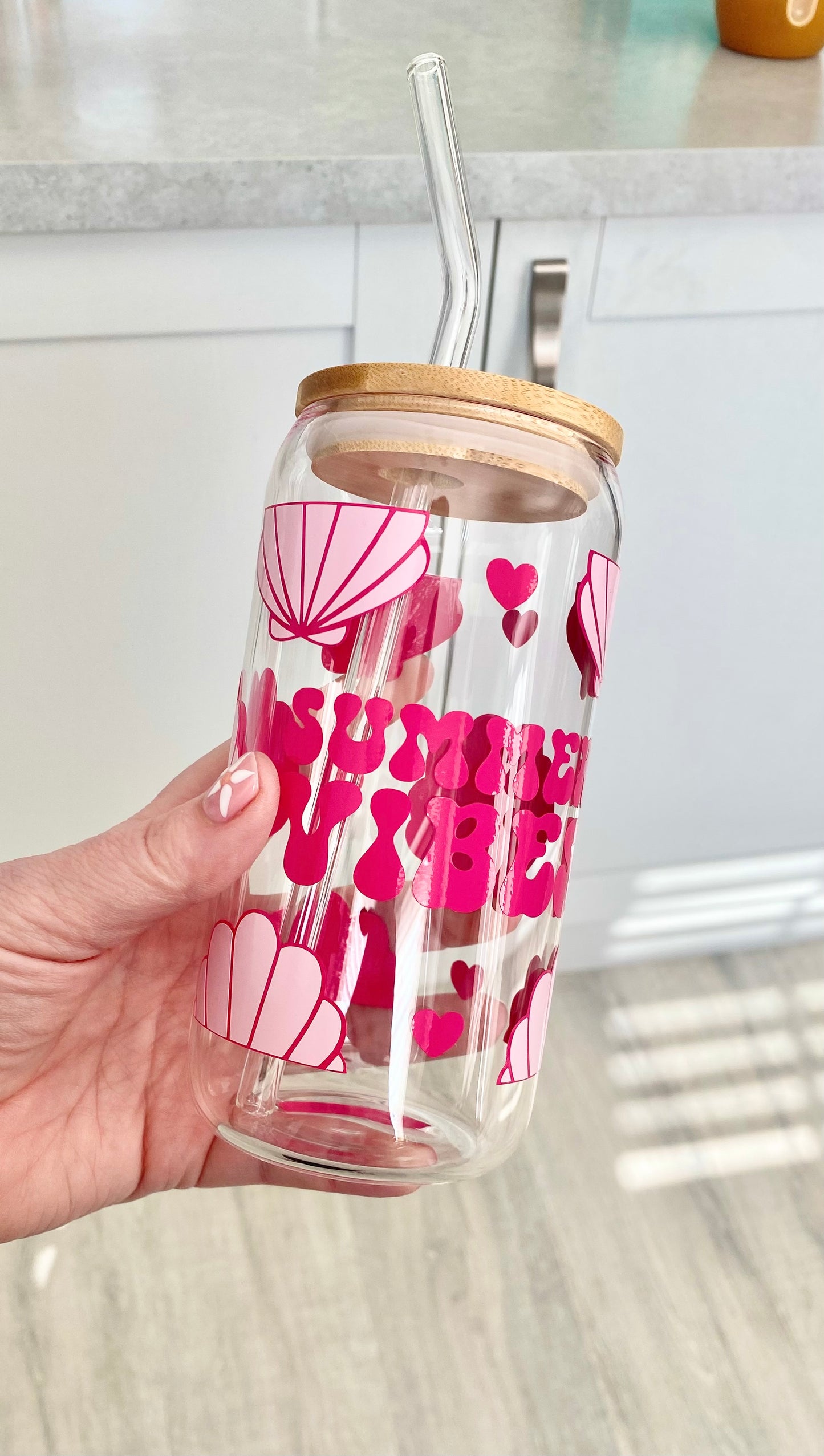 summer vibes glass can with bamboo lid and glass straw, glass jar for summer drinks