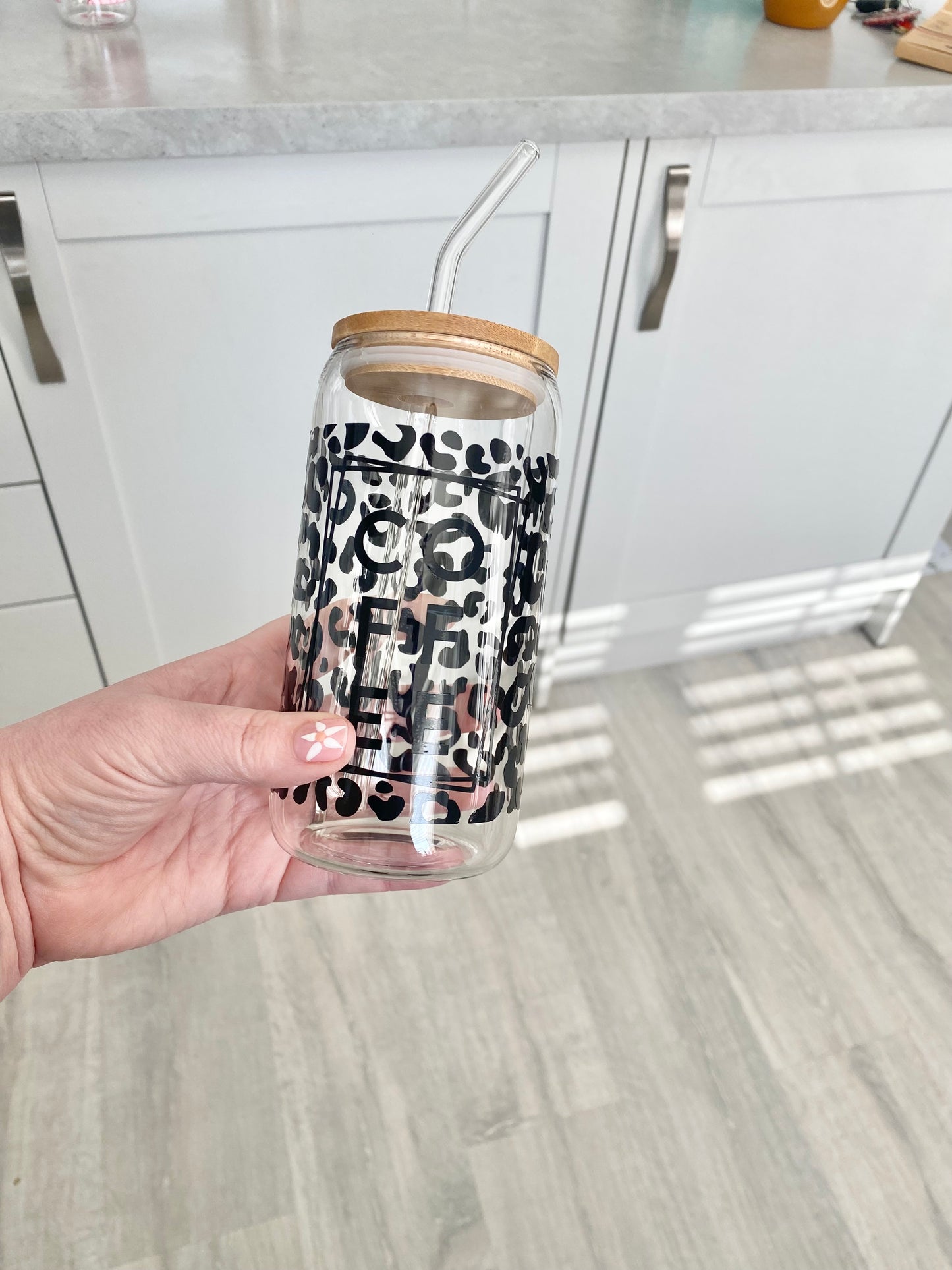 Iced coffee glass can with bamboo lid and glass straw, glass jar