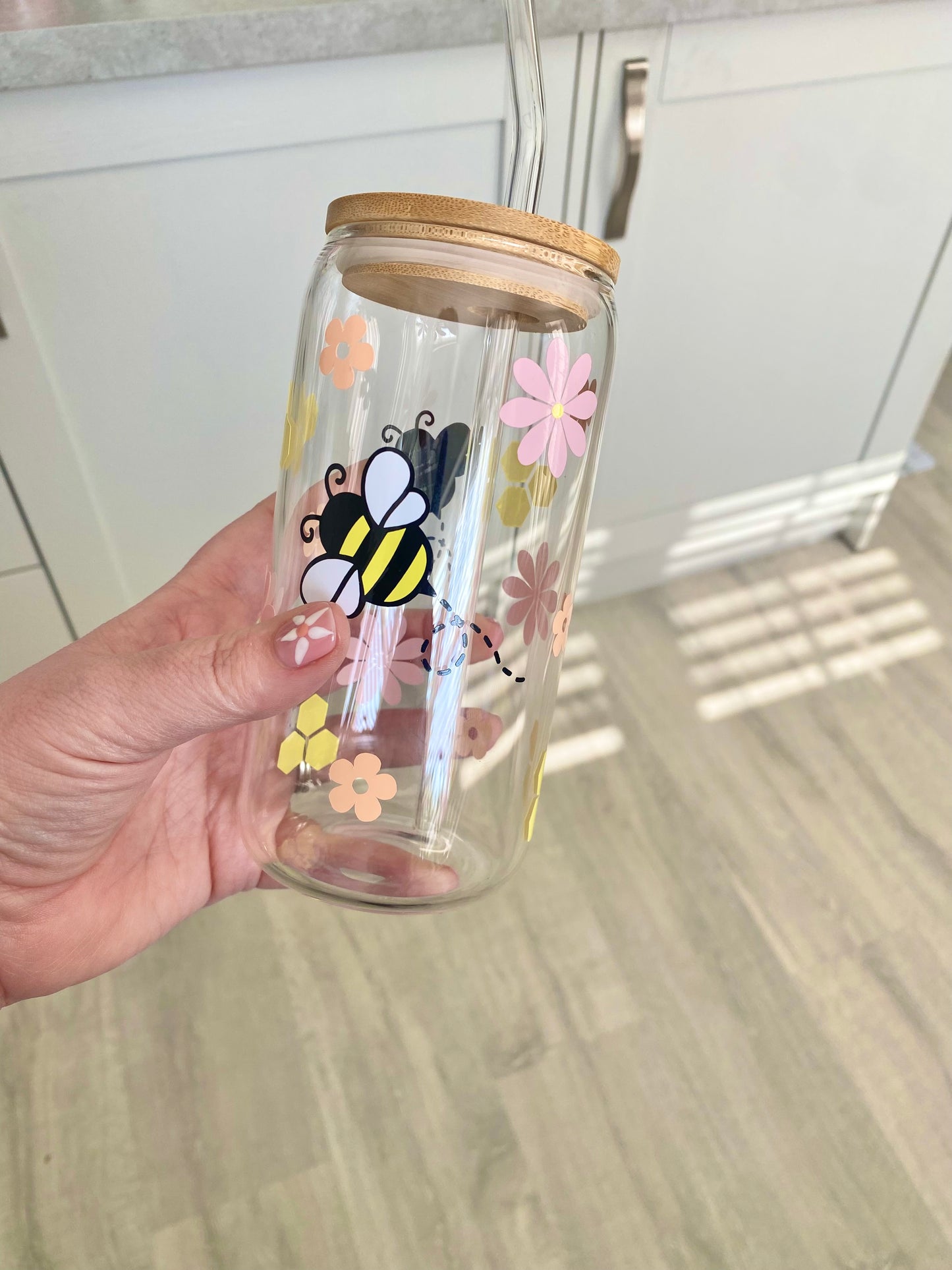 bumble bee glass, glass jar with bamboo lid and glass straw