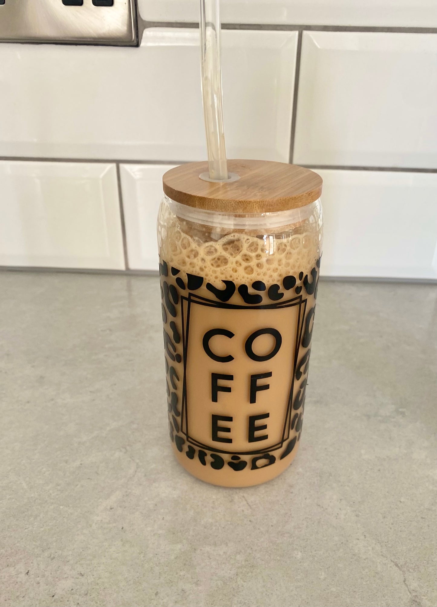 Iced coffee glass can with bamboo lid and glass straw, glass jar