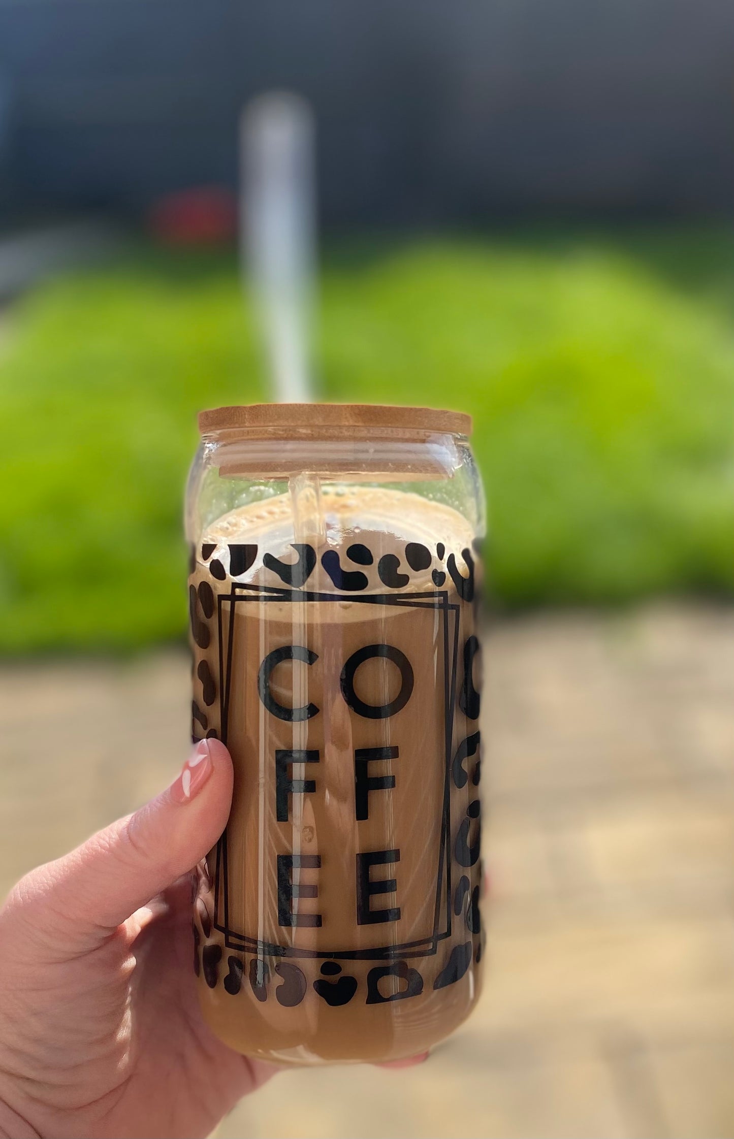 Iced coffee glass can with bamboo lid and glass straw, glass jar