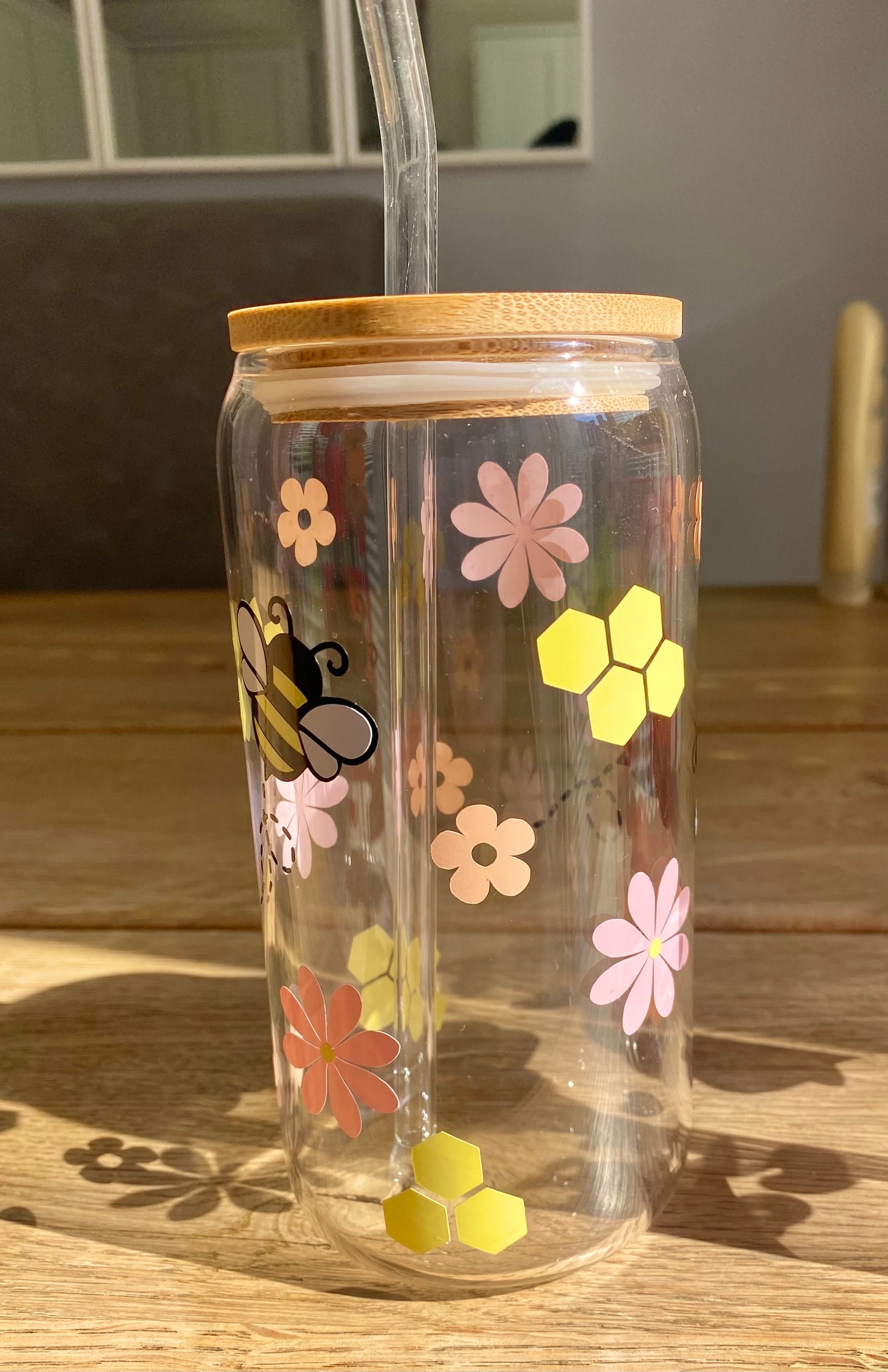 bumble bee glass, glass jar with bamboo lid and glass straw