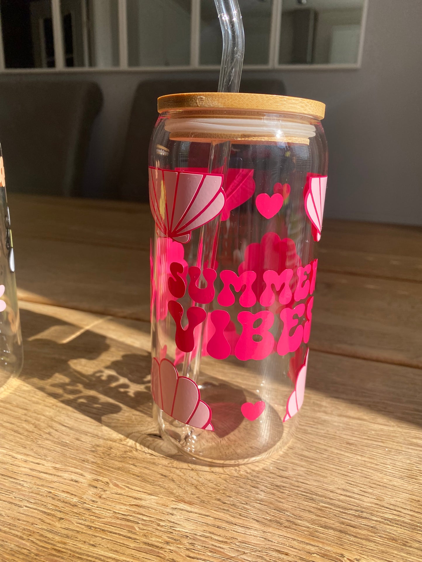 summer vibes glass can with bamboo lid and glass straw, glass jar for summer drinks