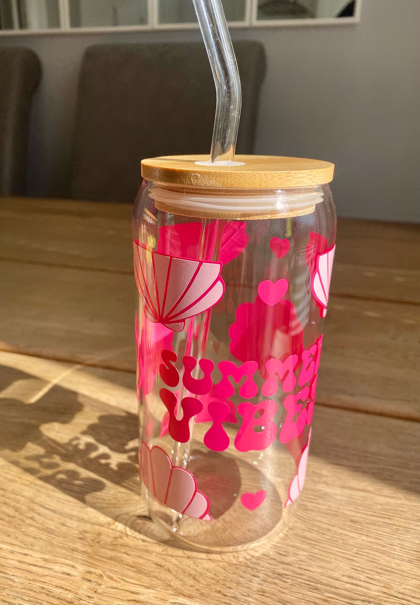 summer vibes glass can with bamboo lid and glass straw, glass jar for summer drinks