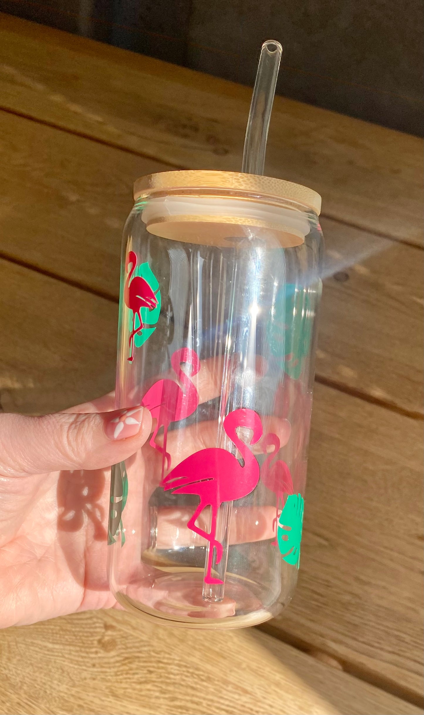 Flamingo summer glass can, glass jar with bamboo lid and glass starw