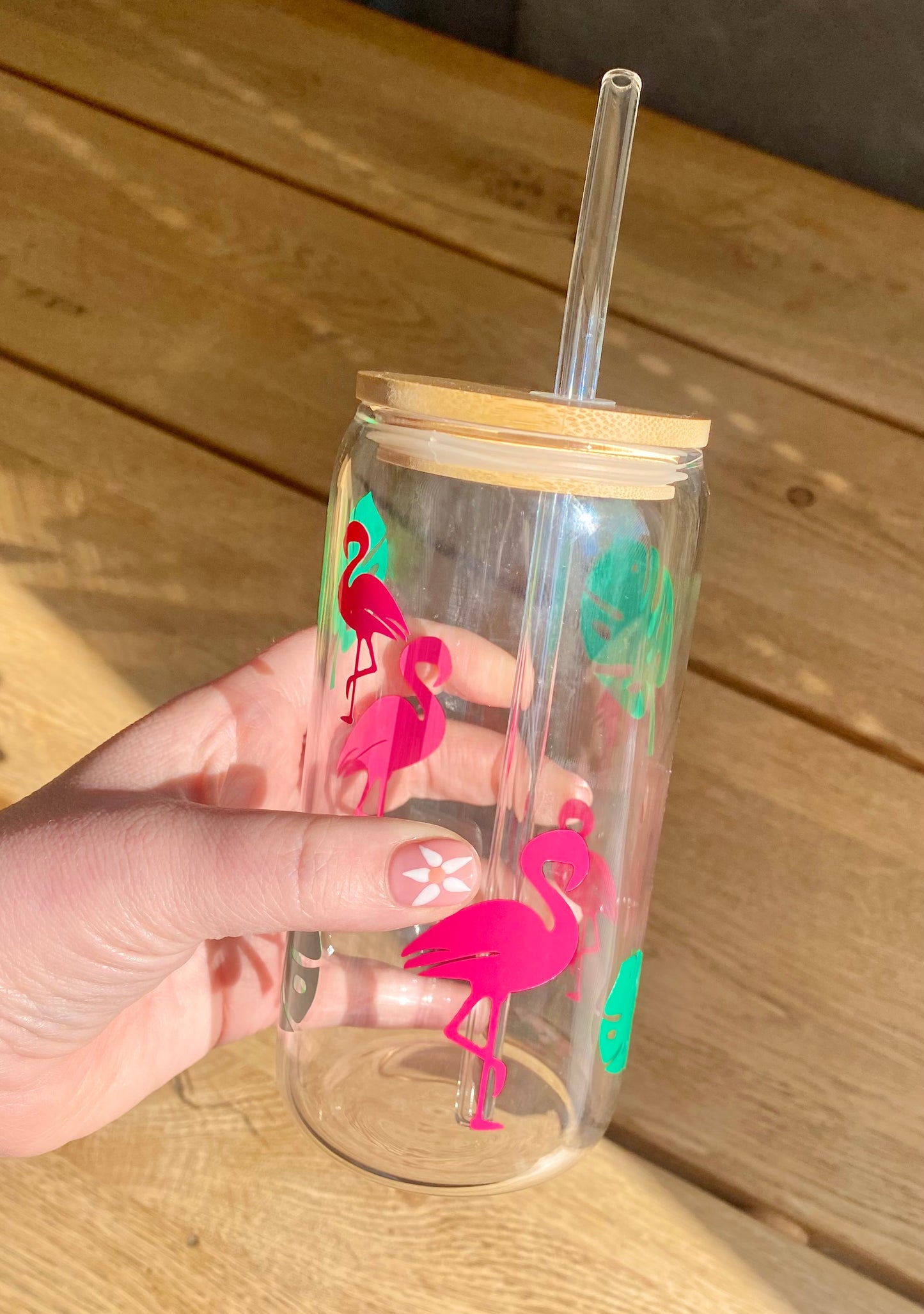 Flamingo summer glass can, glass jar with bamboo lid and glass starw