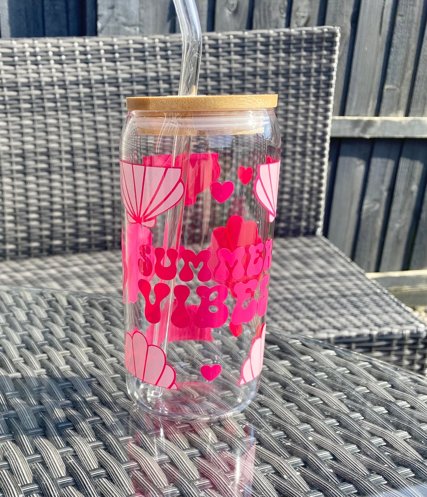 summer vibes glass can with bamboo lid and glass straw, glass jar for summer drinks