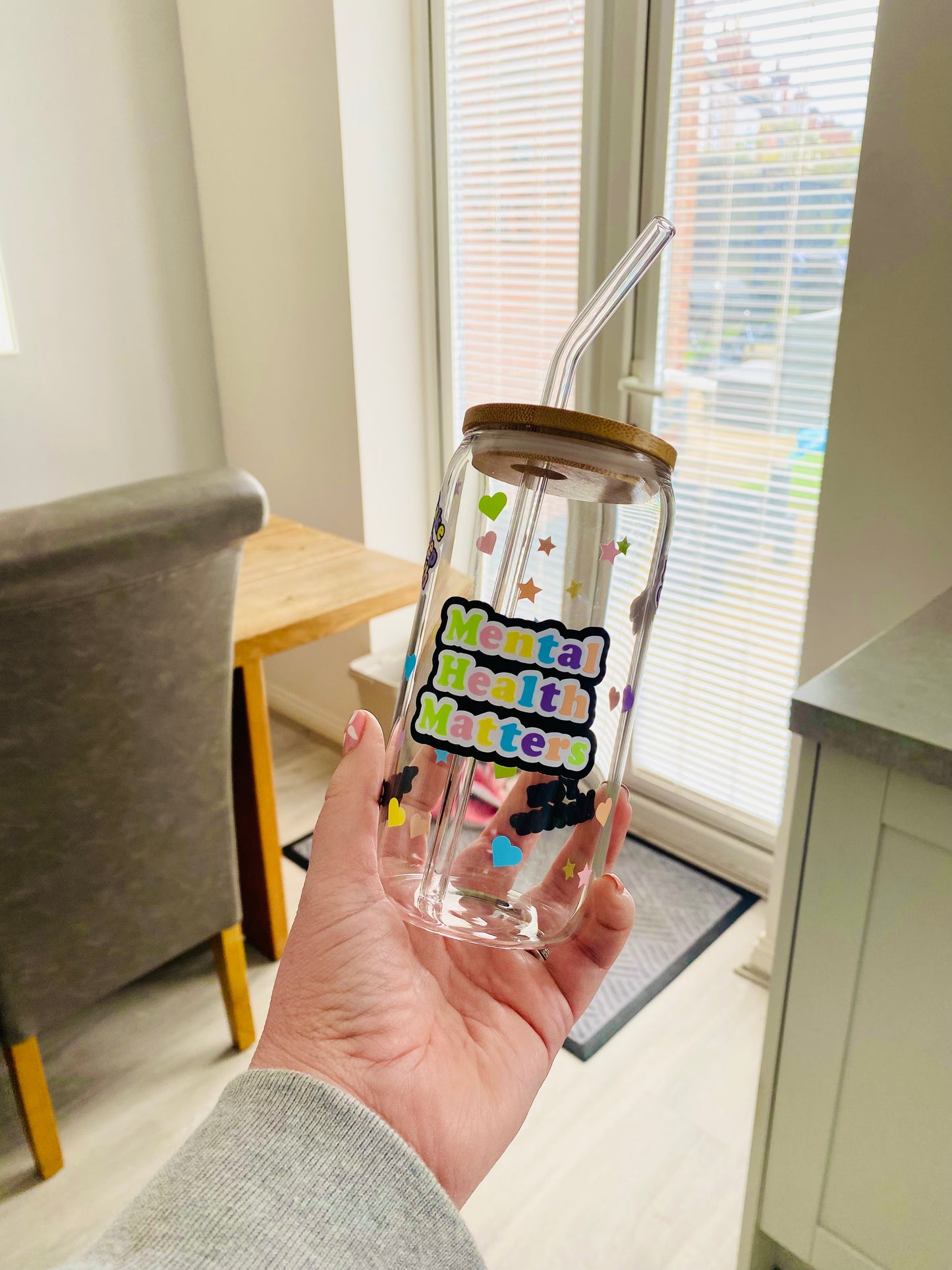 Mental Health Matters glass can, glass jar with bamboo lid and glass straw, Mental health awareness