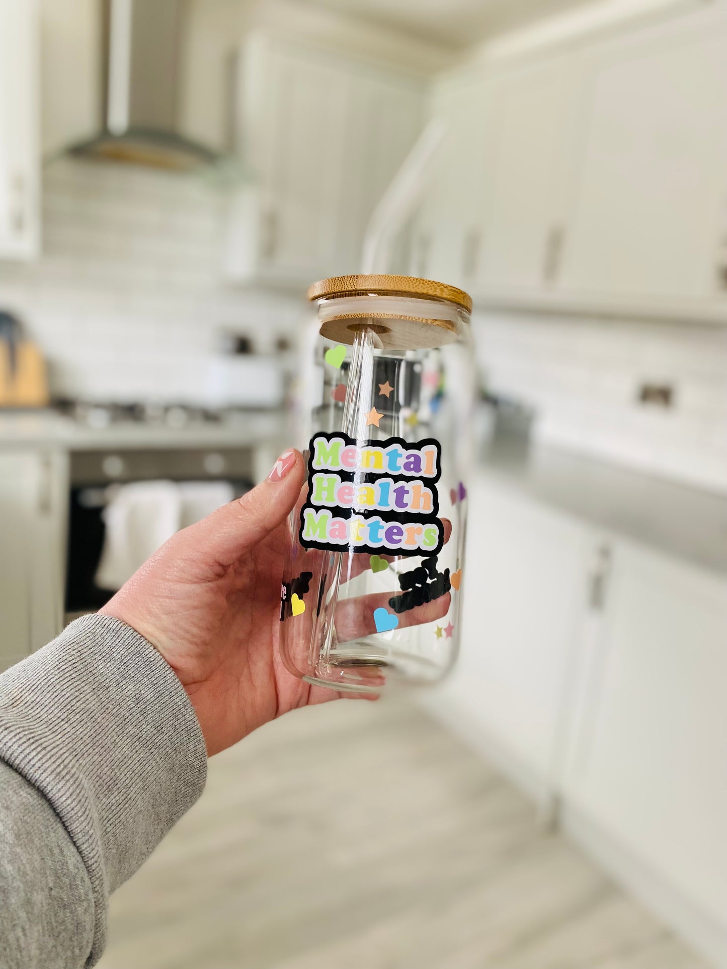 Mental Health Matters glass can, glass jar with bamboo lid and glass straw, Mental health awareness