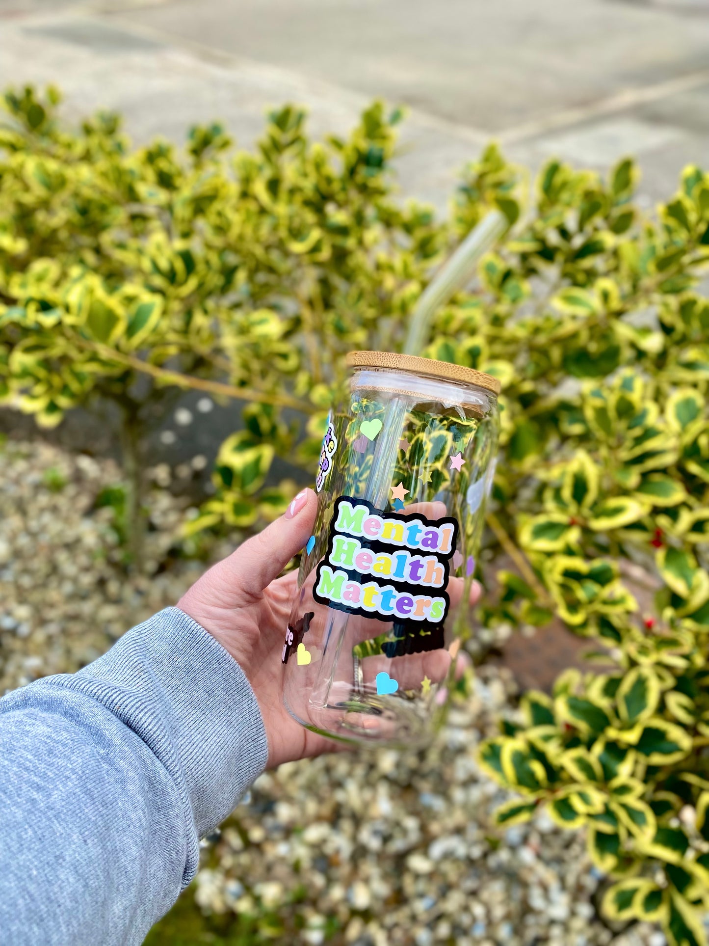 Mental Health Matters glass can, glass jar with bamboo lid and glass straw, Mental health awareness