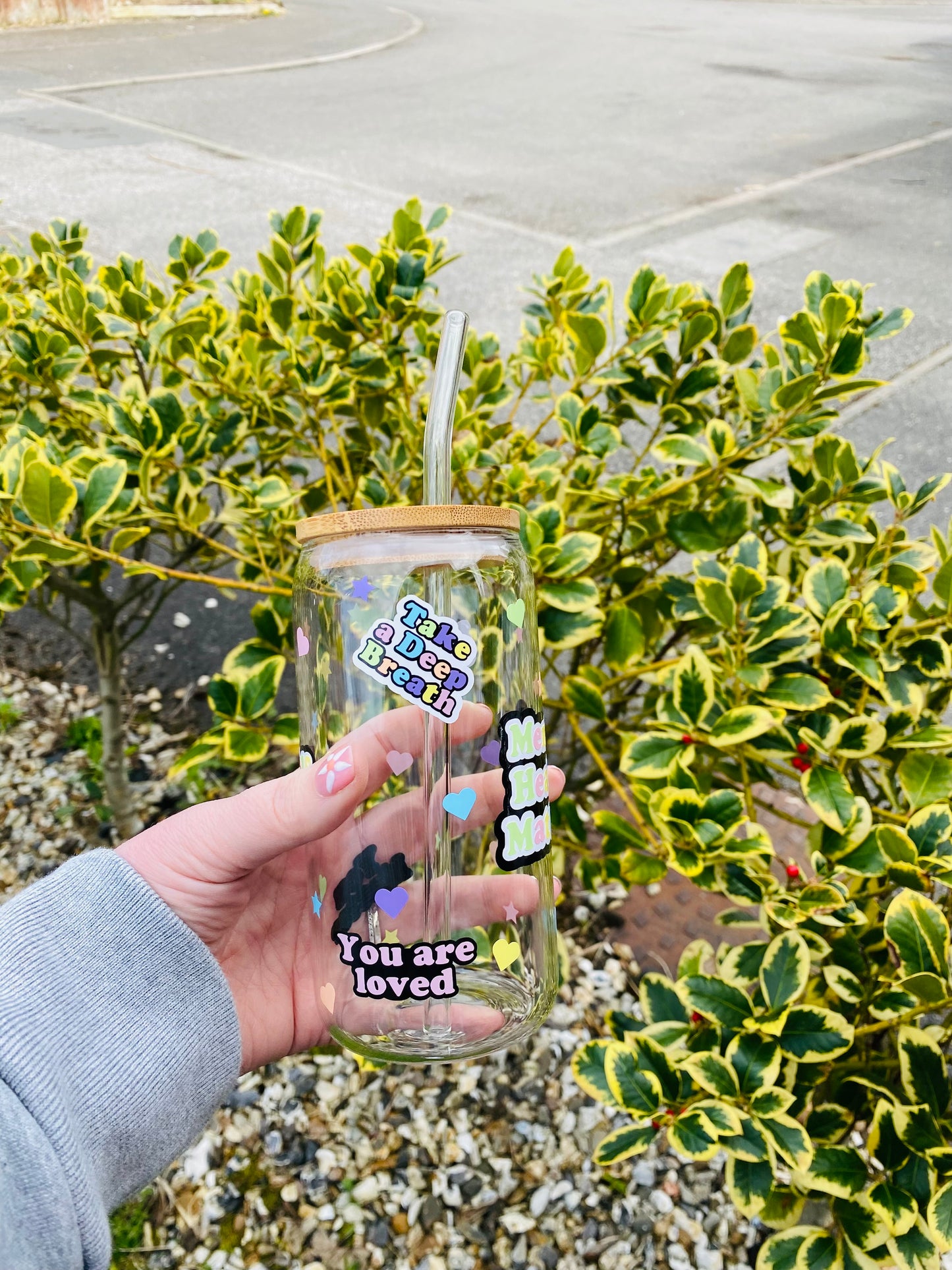 Mental Health Matters glass can, glass jar with bamboo lid and glass straw, Mental health awareness