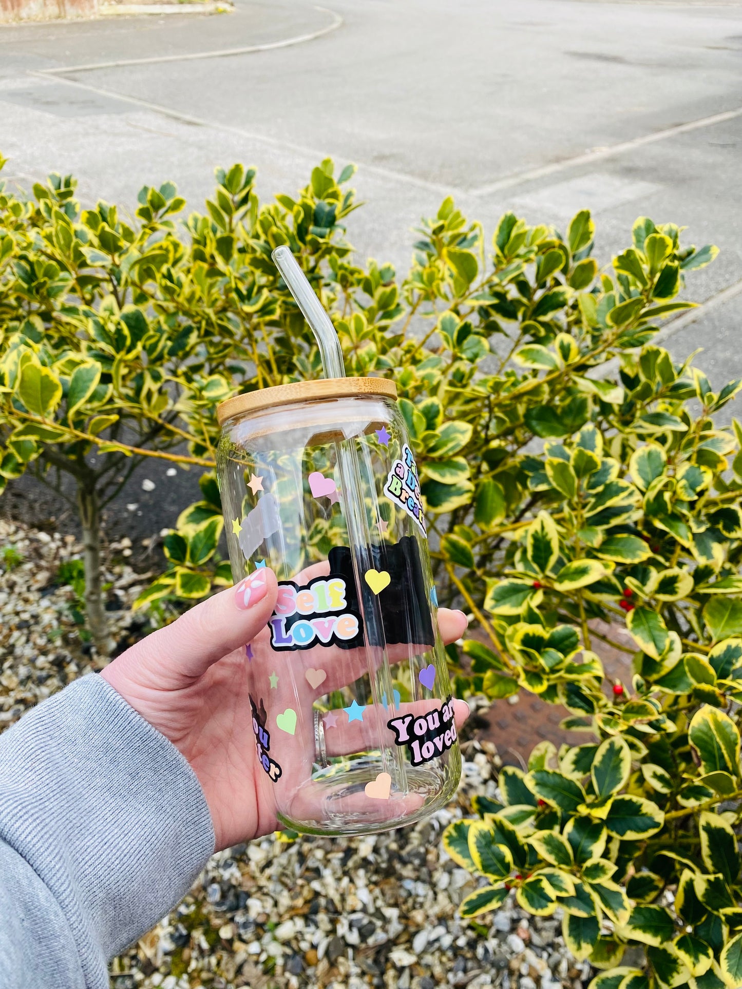 Mental Health Matters glass can, glass jar with bamboo lid and glass straw, Mental health awareness