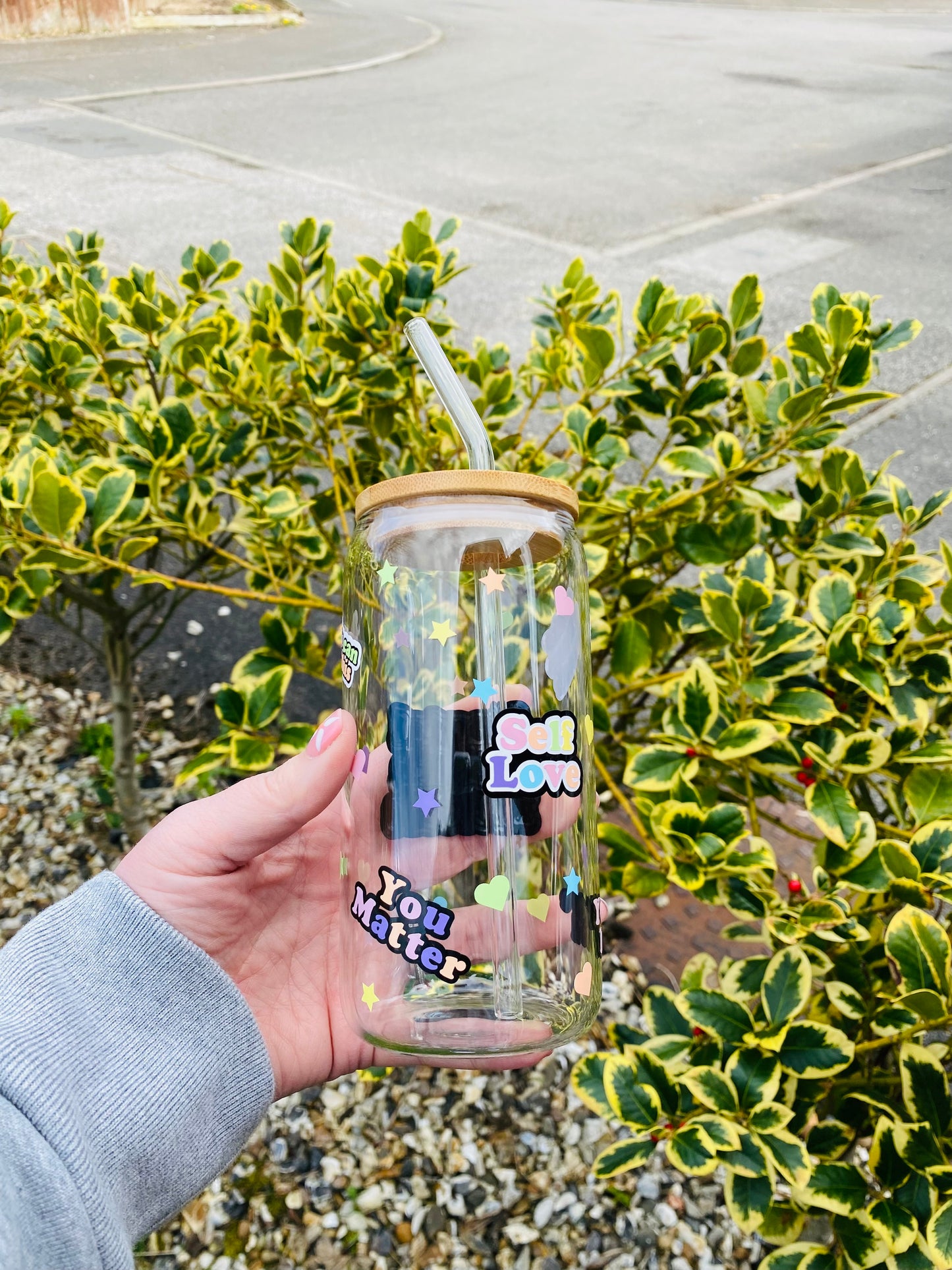 Mental Health Matters glass can, glass jar with bamboo lid and glass straw, Mental health awareness