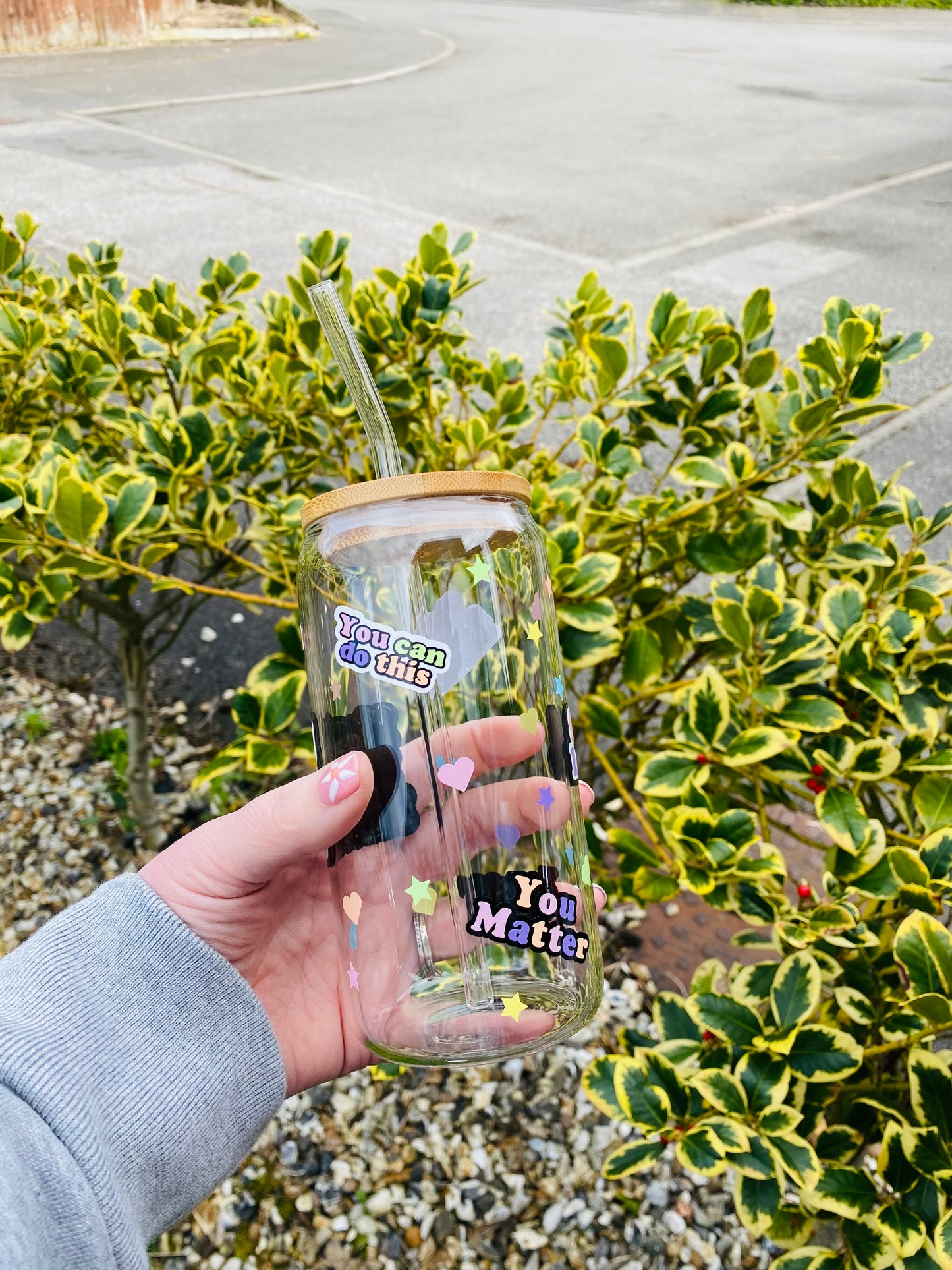 Mental Health Matters glass can, glass jar with bamboo lid and glass straw, Mental health awareness