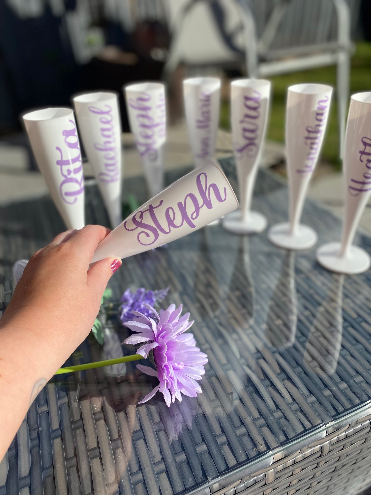 Personalised Bridal party white plastic champagne flutes for weddings & hen partys