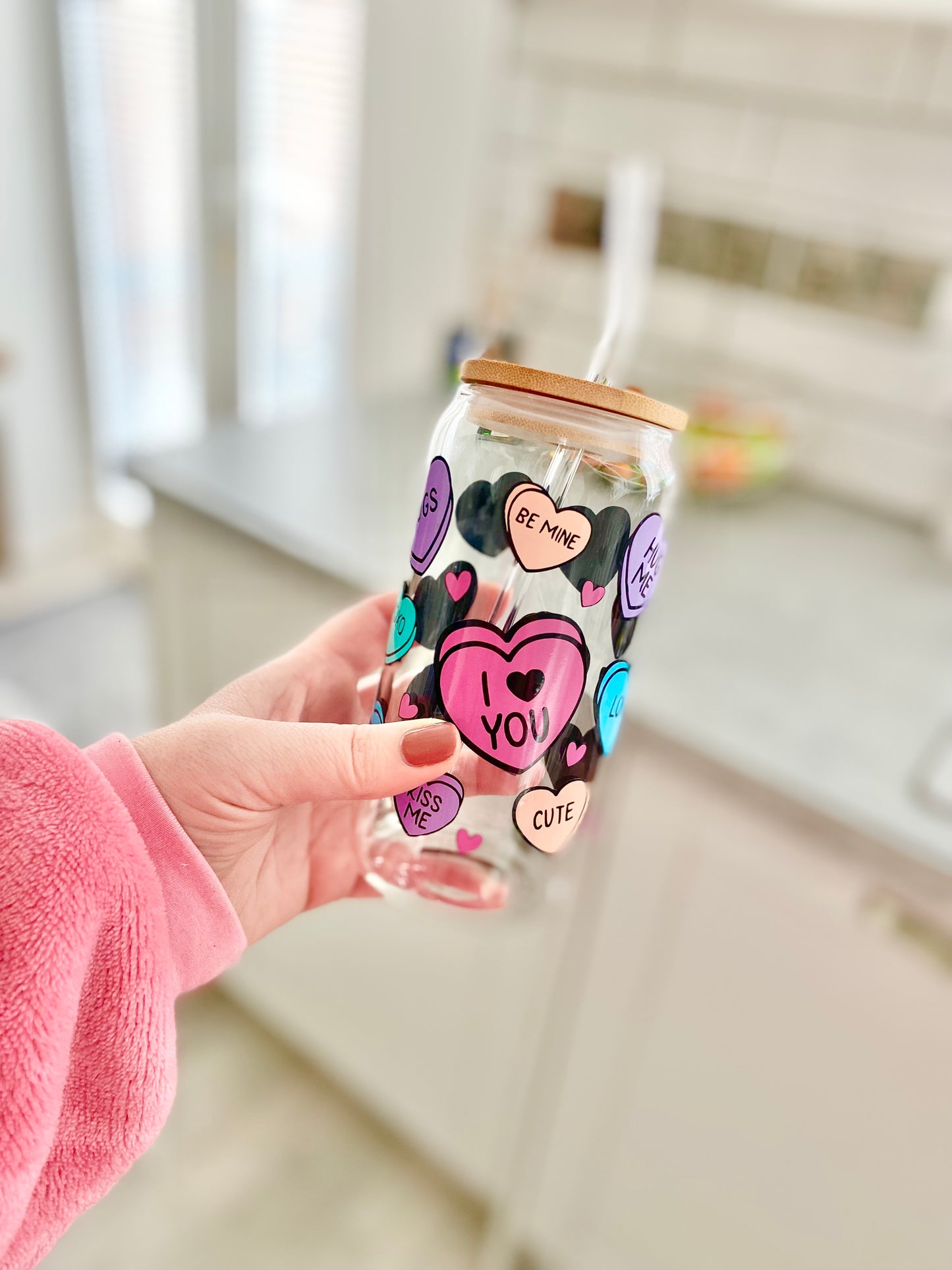 Love heart sweet glass jar, with bamboo lid and glass straw ideal for loved one or bff.