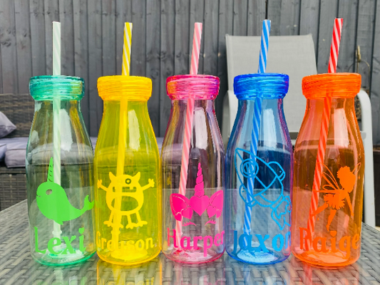 Kids drinks bottle with straw, personalised milk bottle