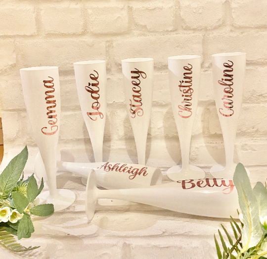 Personalised Bridal party white plastic champagne flutes for weddings & hen partys