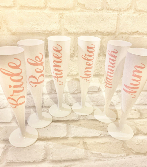 Personalised Bridal party white plastic champagne flutes for weddings & hen partys